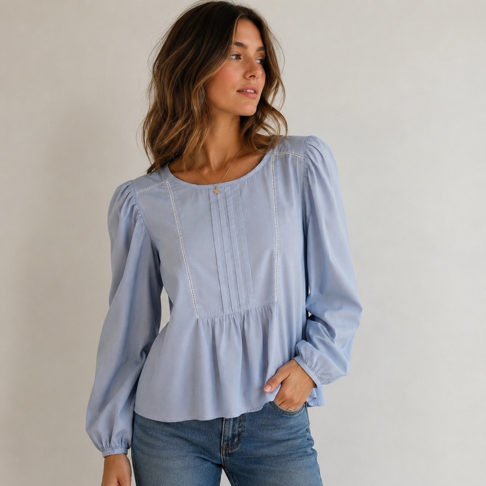 Hinge Womens XL Blue Pinstripe Pintuck Lace Tie Back Blouse Long Sleeve Top